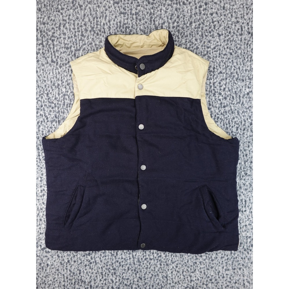 The Normal Brand Reversible Puffer Vest Mens XL Navy Tan Snap Front Sleeveless